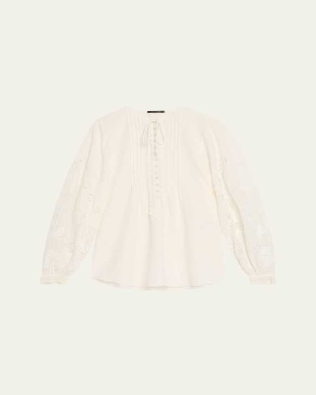 Juni Pintuck Lace-Inset Blous
